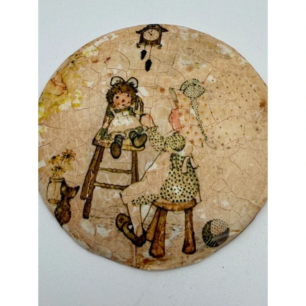 Vintage 1970s Raggedy Ann Holly Hobbie Style Plaster Wall Plaques Set of 2
